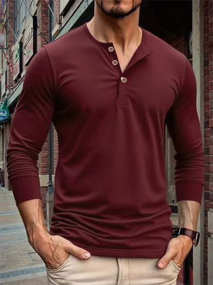 Autumn Men Button Long Sleeve Henley Neck T-Shirt Solid Color Casual Breathable Tops Street Tees Versatile Fashion Slim T-Shirts