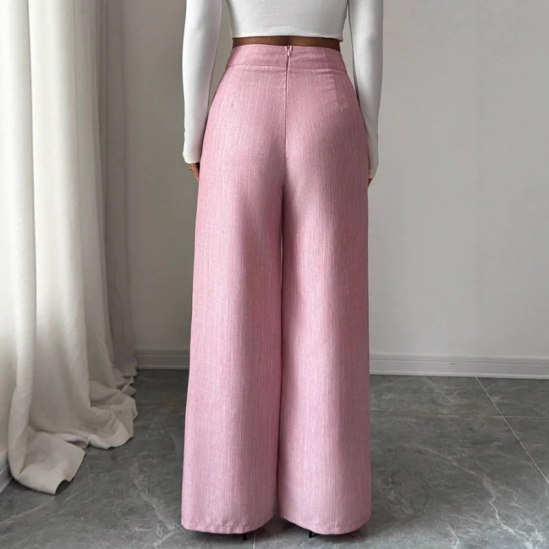 Women's High Waist Pink Waist Covered Button Design Elegant Casual Wear Loose Flowing Straight Pants