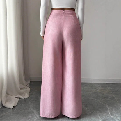 Women's High Waist Pink Waist Covered Button Design Elegant Casual Wear Loose Flowing Straight Pants