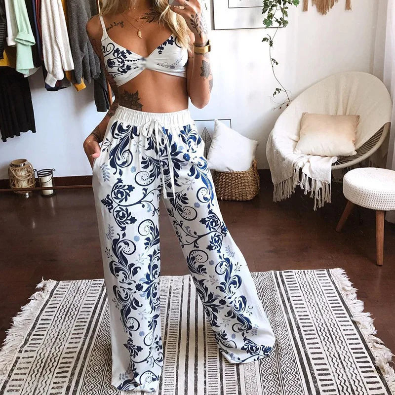 Sexy Two Piece Set Women Outfit 2025 Summer Butterfly Print V-Neck Cropped Top High Waist Drawstring Casual Wide Leg Pants Sets