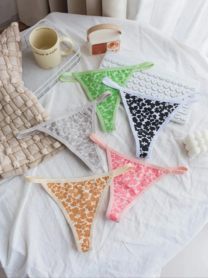 Mixed Color Floral Patchwork Thin Strap Comfortable Women's Thong Cotton Underwear Girls' Briefs 5-Pack