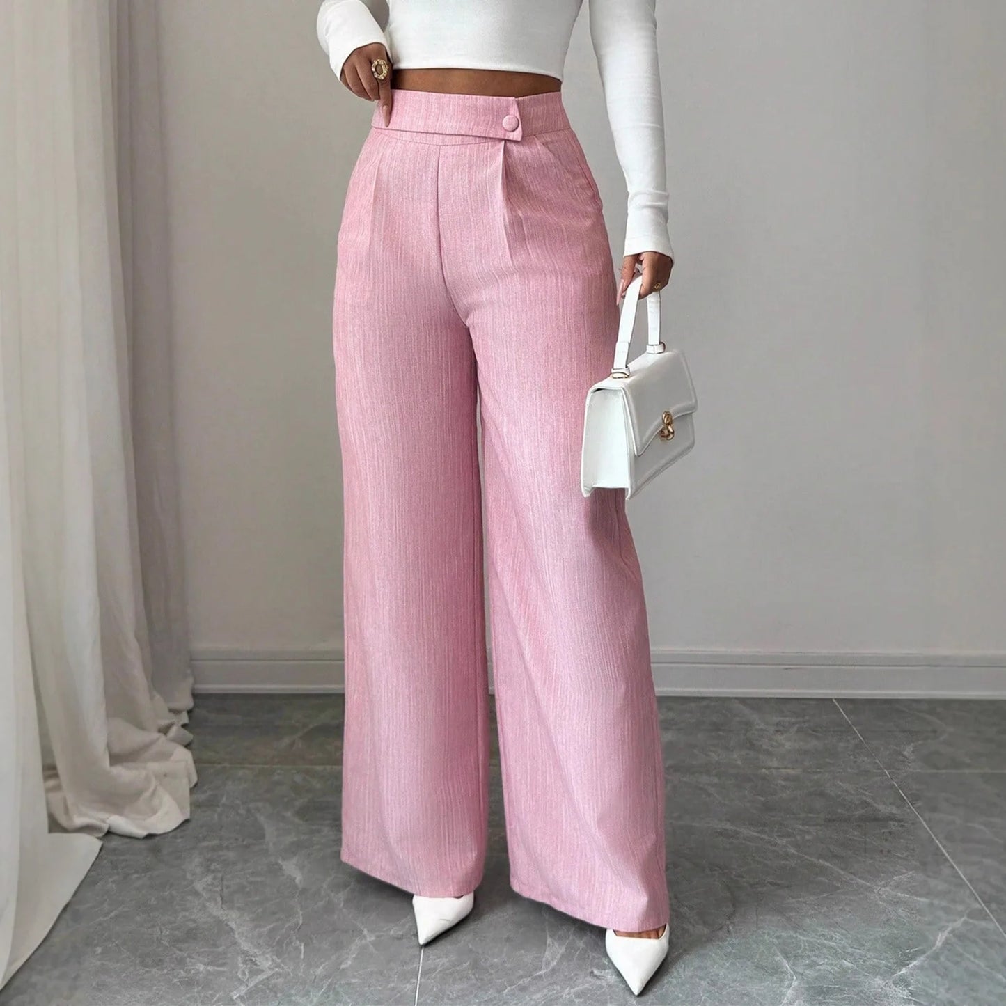 Women's High Waist Pink Waist Covered Button Design Elegant Casual Wear Loose Flowing Straight Pants