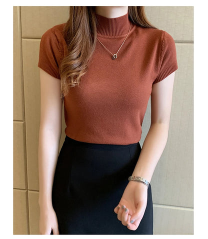Half-High Neck T-Shirt Women's Fashion Jumper Casual Tops Korean Style Elegant Solid-Coloured Clothing Spring And Summer Season