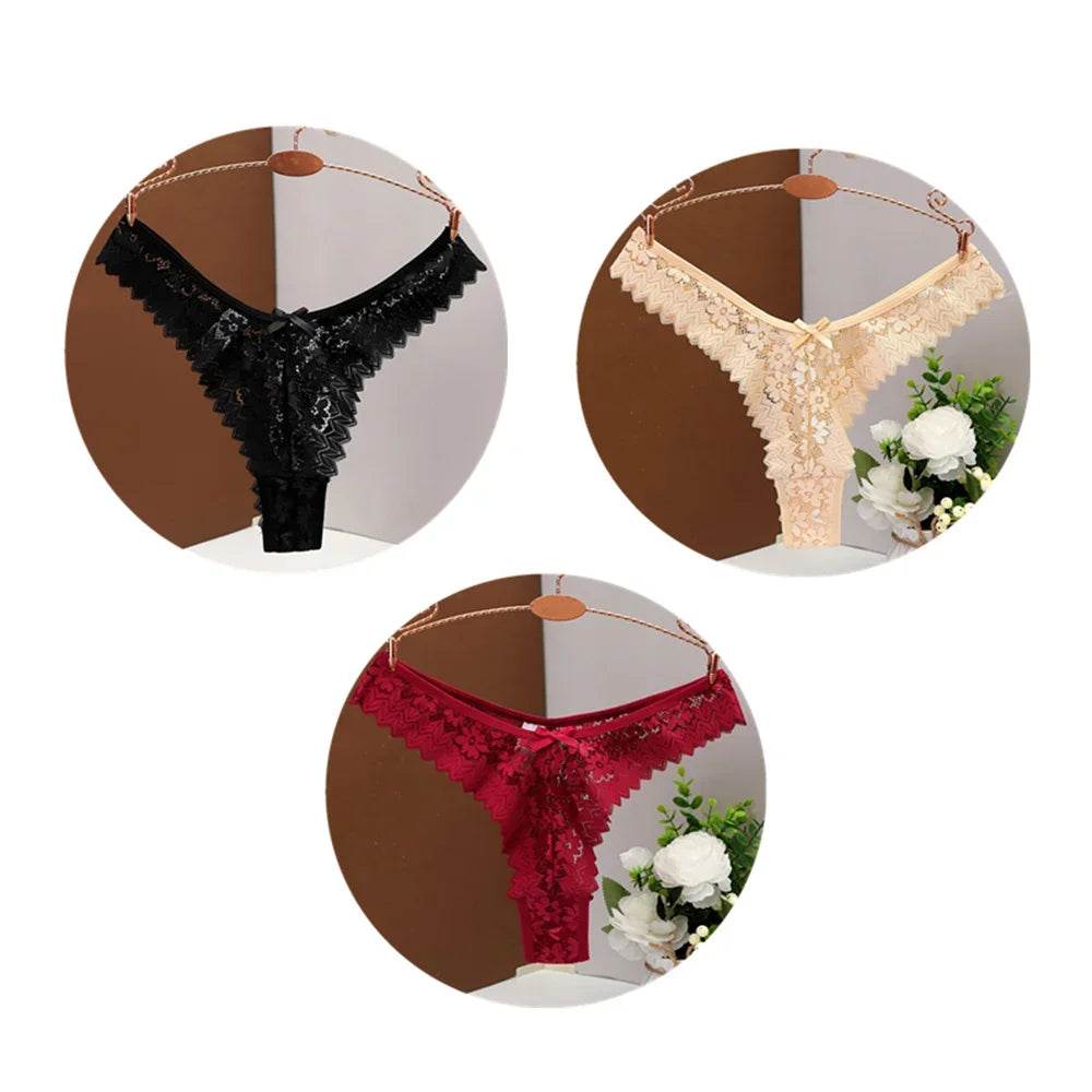 3PC Sexy T Back Woman Thong Panty Mid Waist Lace Panties Transparent Underwear "V-shape" Girls Erotic Panty