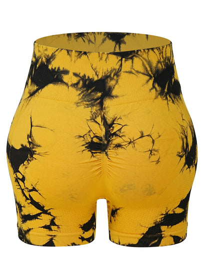 Popular yellow tie-dye suit, breathable nylon material, slanted shoulders, three-point shorts, a good choice for yoga running