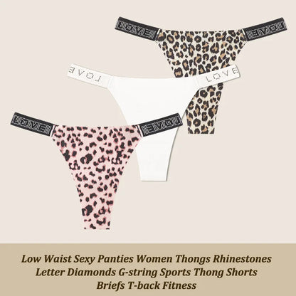 Low Waist Sexy Panties Women Thongs Rhinestones Letter Diamonds G-string Sports Thong Shorts Briefs T-back Size XS-XL 3Pcs
