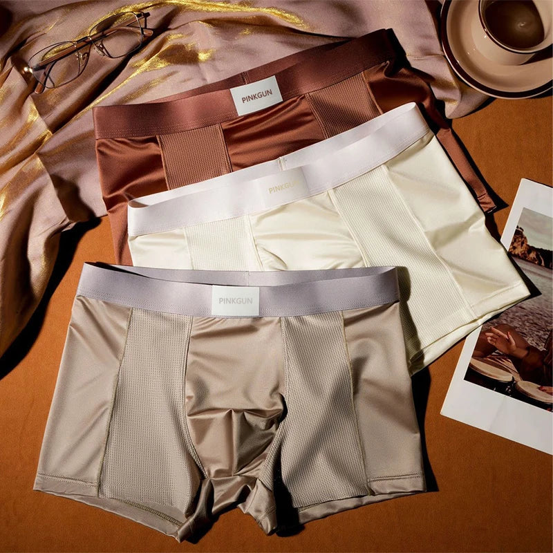 4-Piece Set Of Men's Satin Ice Silk Boxer Shorts, Semi Mesh Breathable Casual Underwear, Men's Comfortable Sports Boxer Shorts