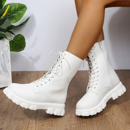 Autumn Winter PU Leather White Ankle Boots Motorcycle Botines Female Chunky Heels Platform Boots Botas Mujer