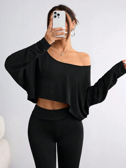 Women'S Black Long Sleeve Blouse T-shirt Casual Asymmetrical Neck Strapless Top for Sporty