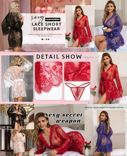 Comeondear Plus Size Babydoll Lace Robe Nightgown With Belts Queen Size Erotic Cardigan Lingerie Mesh Ribbons Sexy Lingerie Set