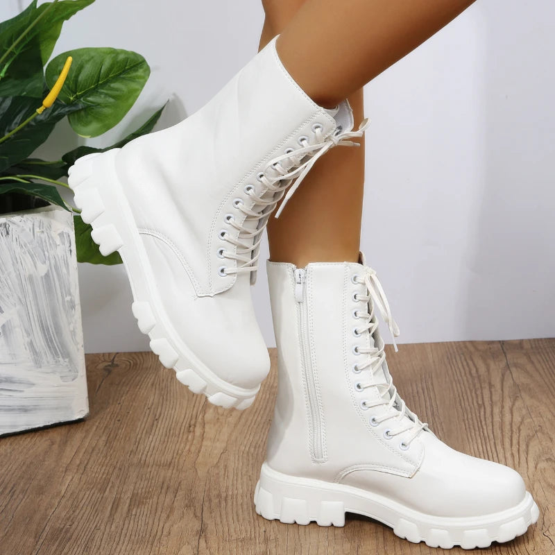 Autumn Winter PU Leather White Ankle Boots Motorcycle Botines Female Chunky Heels Platform Boots Botas Mujer