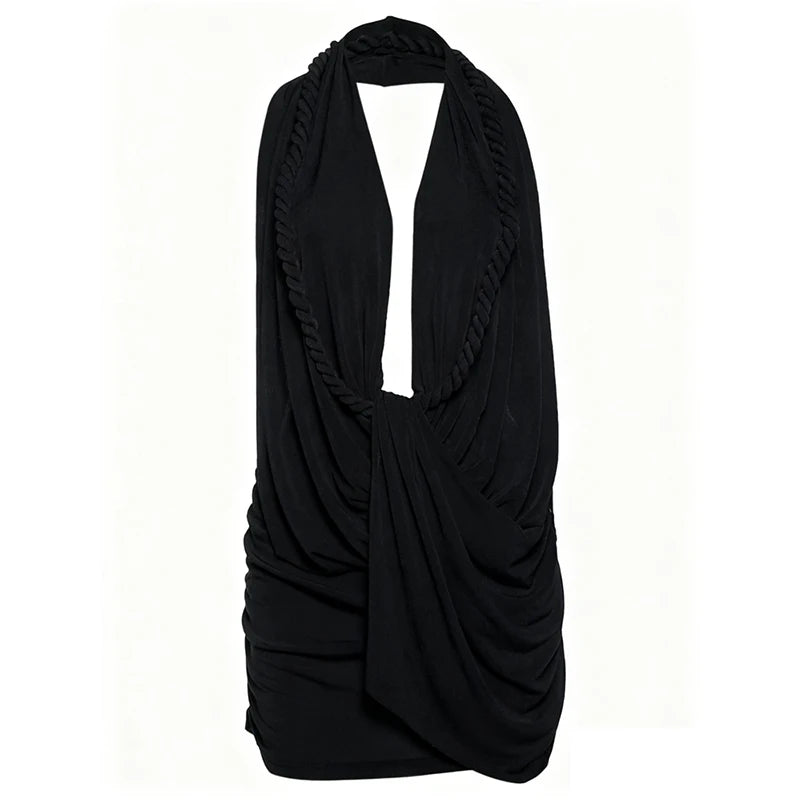 Weird Puss Halter Ruched Dress Women Sexy Whip Knot Backless Patchwork Elegant Stretch Christmas Peach Hip Birthday Mini Bodycon