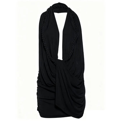 Weird Puss Halter Ruched Dress Women Sexy Whip Knot Backless Patchwork Elegant Stretch Christmas Peach Hip Birthday Mini Bodycon