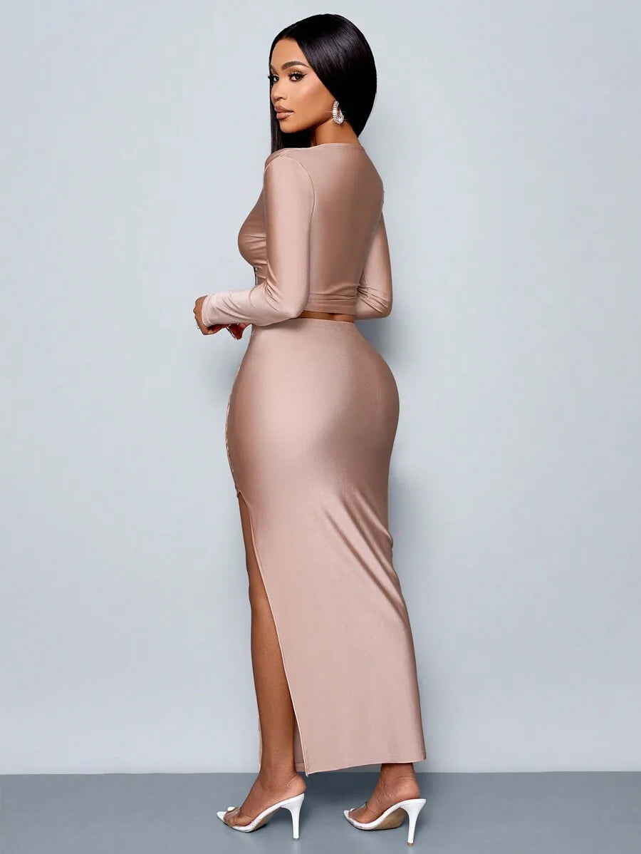 BWQ Women's 2pcs Set Solid Color Elegant Casual Simple Asymmetrical Collar Long Sleeve T-Shirt And Slim Pleated Side Slit