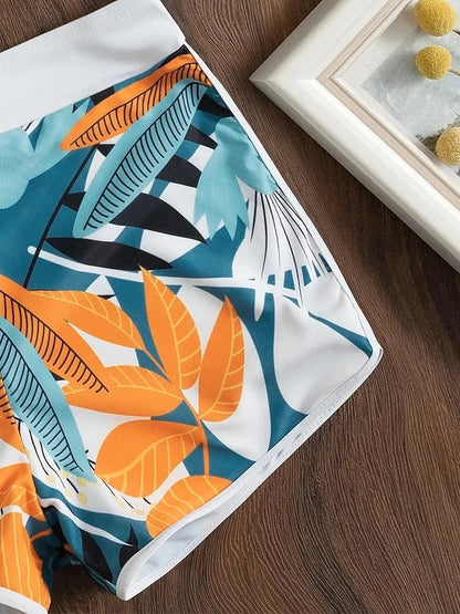 Europe and the United States swimsuit ladies print neck conservative flat Angle high waist split flat Angle bikini high waist