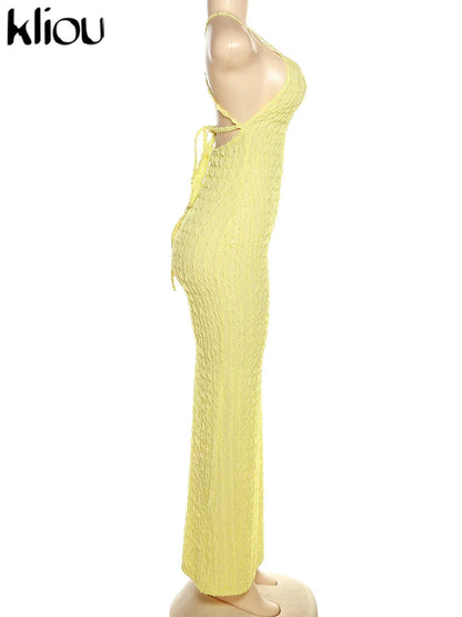 Kliou Solid Ruched Spaghetti Strap Bandage Maxi Dress Women Casual Sleeveless Backless Bodycon Ladies Party Streetwear Dresses