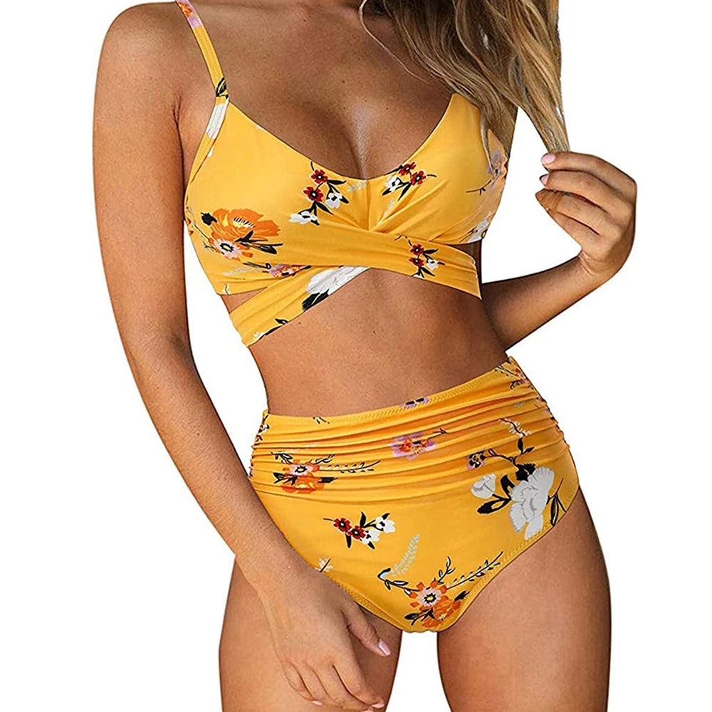 Hot 12 Colors Women Slim Bikini Sets High Waisted Sexy Swimwear 2 Pieces Solid/Floral Ruched Brazilian Swimsuit Cross Front