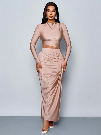 BWQ Women's 2pcs Set Solid Color Elegant Casual Simple Asymmetrical Collar Long Sleeve T-Shirt And Slim Pleated Side Slit