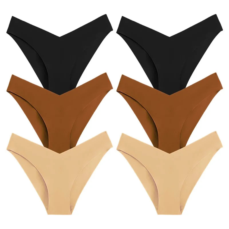 WarmSteps 6Pcs/Set V-Cut Sexy Women's Thongs Panties Plain Ice Silk Female Lingerie Intimate Seamless Underwear Briefs for Woman