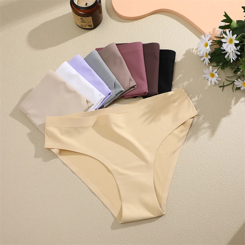 FINETOO 5PCS Seamless Panties for Women Sexy Ice Silk Underwear Soild Briefs Low Waist Comfortable Invisible Lingerie Intimates