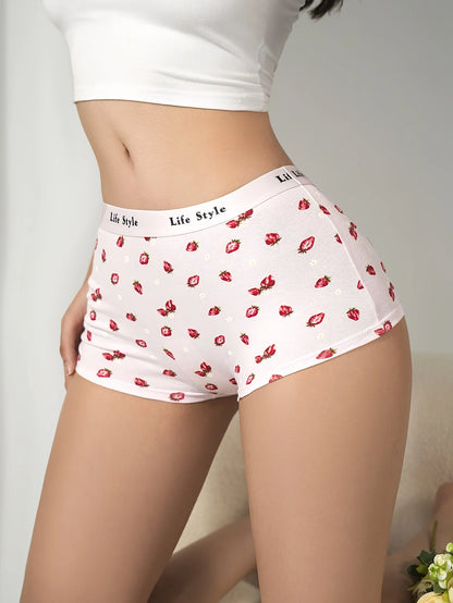 Random 4-piece mixed-color fruit pattern cherry print women's briefs for travel, home and casual cotton comfort underwear