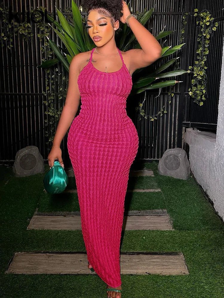 Kliou Solid Ruched Spaghetti Strap Bandage Maxi Dress Women Casual Sleeveless Backless Bodycon Ladies Party Streetwear Dresses