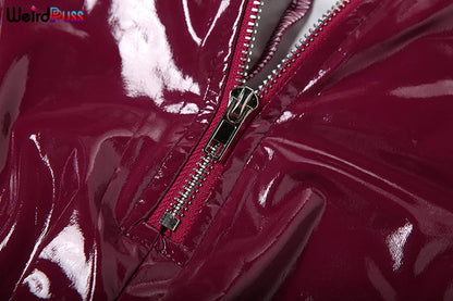 Weird Puss Faux Leather 2 Piece Set Women Sexy Low-Neck Halter Sleeveless Bodysuit+Zipper Waist Stretch Pant Clubwear Trend Suit