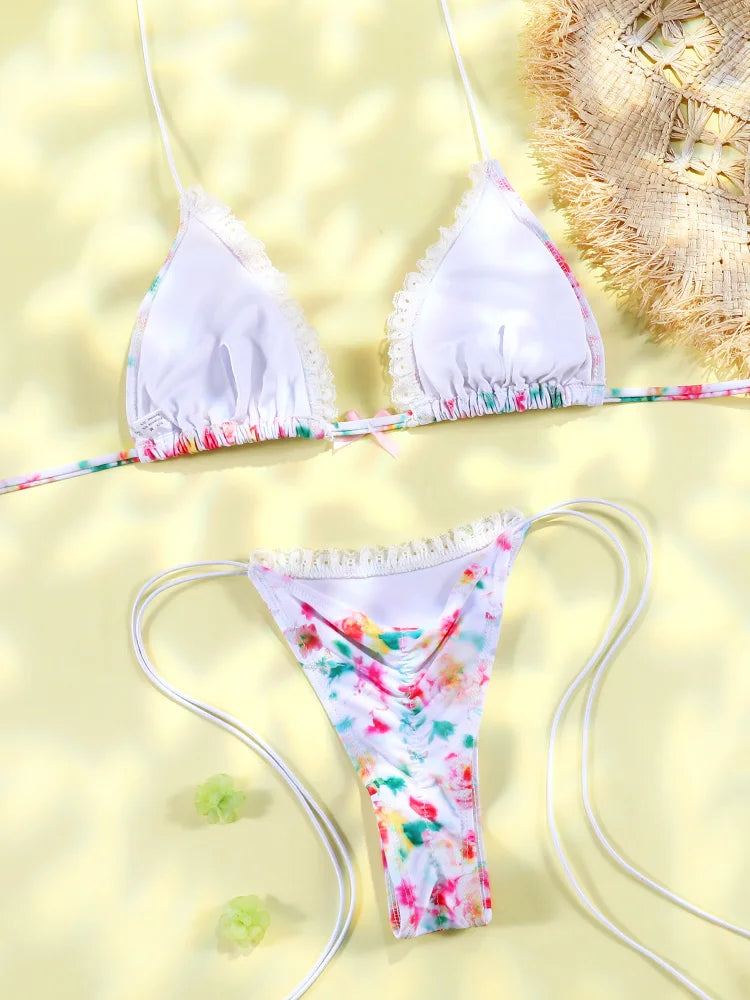 Sexy Triangle Mini Bikini Sets Micro Thongs Swimsuit Women Bathing Suit Biquini Bandage Beachwear Print Swimwear Thong Bikini