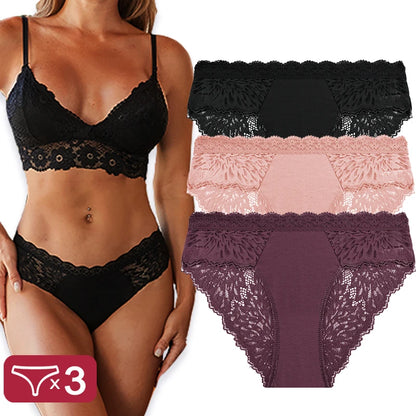 Sexy Perspective Women Back Lace Panties Patchwork Cotton Underpants Hollow Out Lingerie Underwear Comfortable Briefs 3PCS