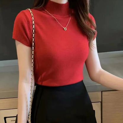 Half-High Neck T-Shirt Women's Fashion Jumper Casual Tops Korean Style Elegant Solid-Coloured Clothing Spring And Summer Season