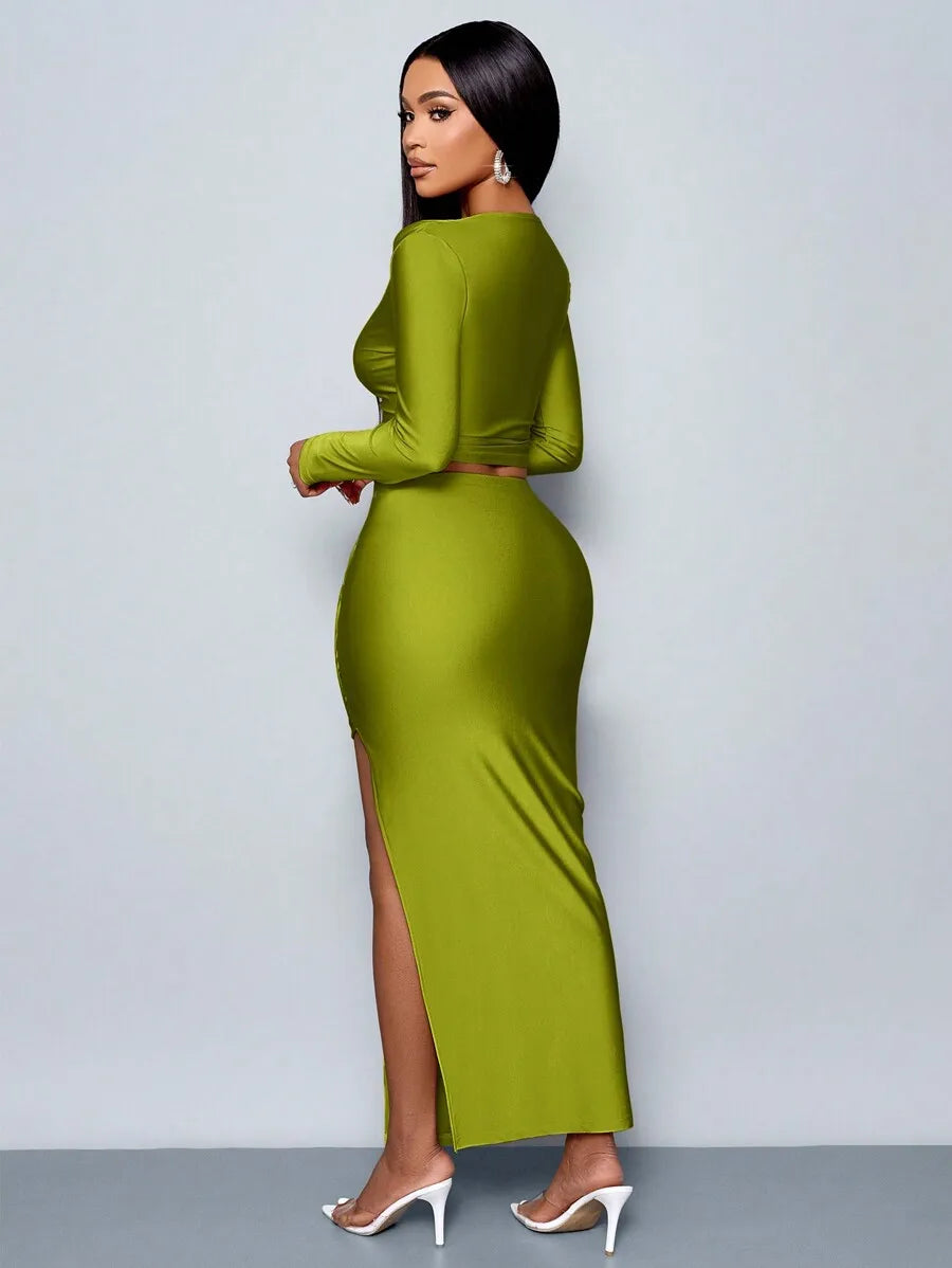 BWQ Women's 2pcs Set Solid Color Elegant Casual Simple Asymmetrical Collar Long Sleeve T-Shirt And Slim Pleated Side Slit