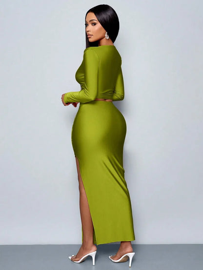 BWQ Women's 2pcs Set Solid Color Elegant Casual Simple Asymmetrical Collar Long Sleeve T-Shirt And Slim Pleated Side Slit