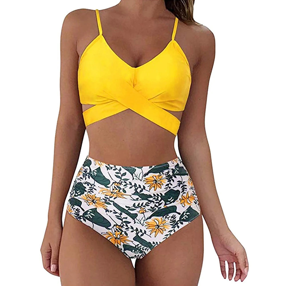 Hot 12 Colors Women Slim Bikini Sets High Waisted Sexy Swimwear 2 Pieces Solid/Floral Ruched Brazilian Swimsuit Cross Front