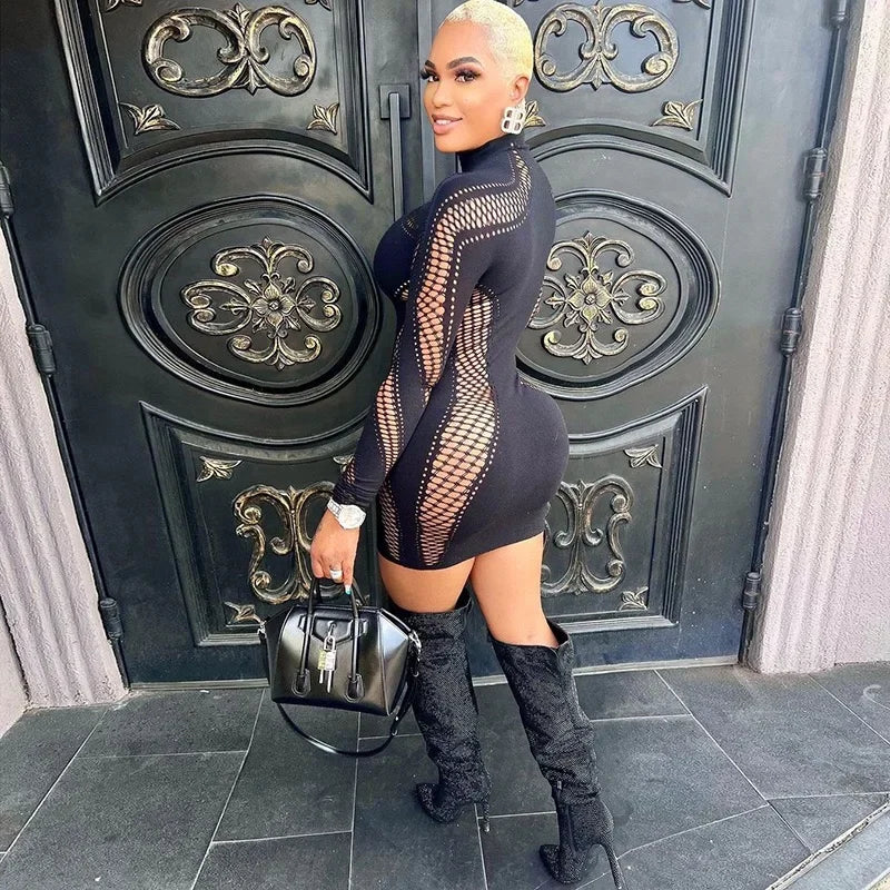 Women Sexy Hollow Out Mini Dress Mesh Long Sleeve Seamless Party Clubwear Bodycon Cutout Mini Dress