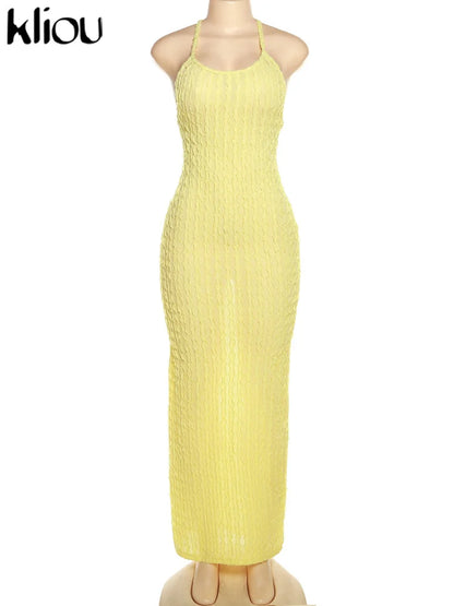 Kliou Solid Ruched Spaghetti Strap Bandage Maxi Dress Women Casual Sleeveless Backless Bodycon Ladies Party Streetwear Dresses