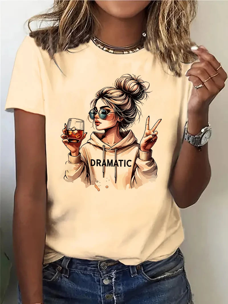 Streetwear 90s Women'S Casual Graphic T-Shirt  "Dramatic" Print with Wine Print Short Sleeve T Shirt Clothing Top Tee