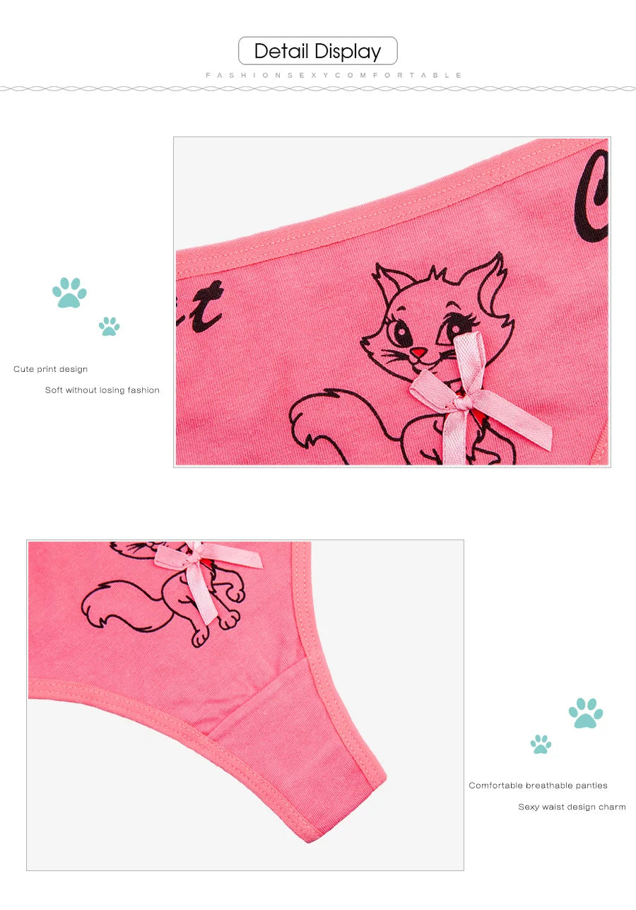 Sexy Thong 5 Pcs for Women Girls Cotton G-Strings Ladies Panties,Cute Cat Print Thongs