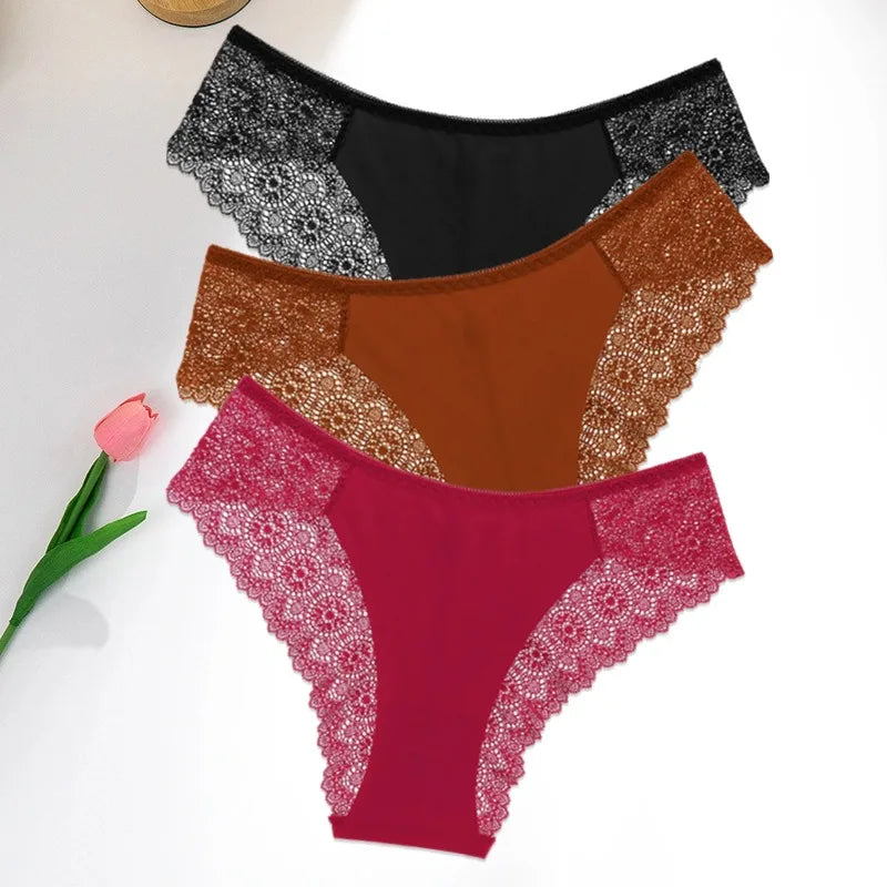 WarmSteps 3Pcs/Set Women's Lace Panties Briefs Solid Ice Silk Lingerie Female Underpanties Underwear for Woman Low Rise Briefs