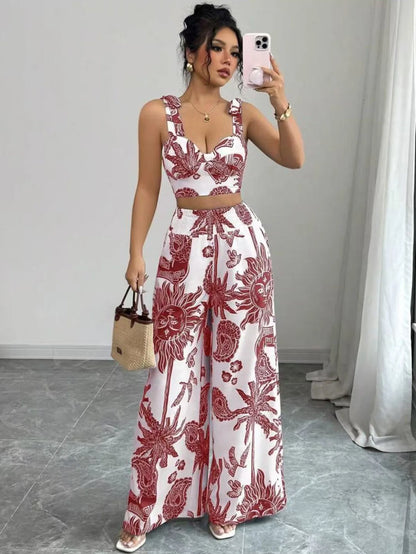 Sexy Strapback Halter Tops Long Pants Female 2-piece Set Summer Fashion Printed Wide-leg Pocket Trousers Elegant Women's Suit