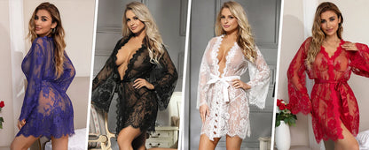 Comeondear Plus Size Babydoll Lace Robe Nightgown With Belts Queen Size Erotic Cardigan Lingerie Mesh Ribbons Sexy Lingerie Set