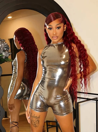 Sisterlinda Silky Shiny Playsuits Fashion Solid Stunning Reflective O-neck Backless Sleeveless Slim Rompers Mujer Party Clubwear