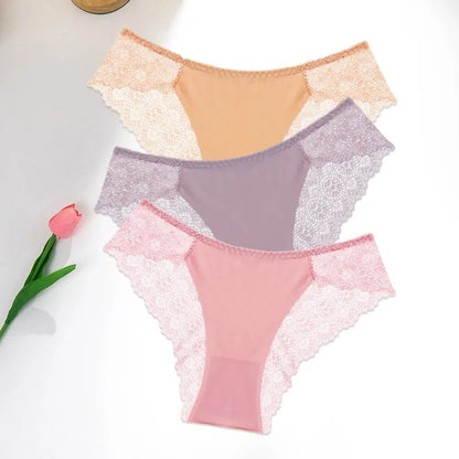 WarmSteps 3Pcs/Set Women's Lace Panties Briefs Solid Ice Silk Lingerie Female Underpanties Underwear for Woman Low Rise Briefs