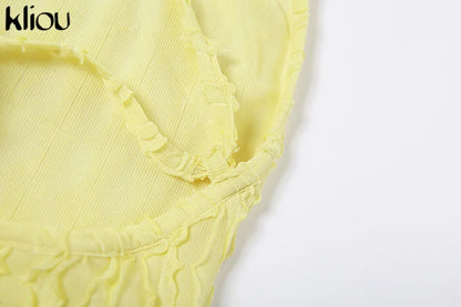 Kliou Solid Ruched Spaghetti Strap Bandage Maxi Dress Women Casual Sleeveless Backless Bodycon Ladies Party Streetwear Dresses