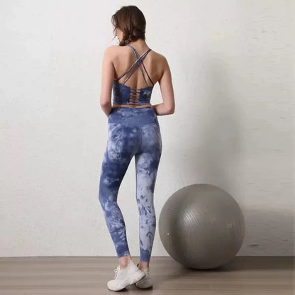 Tie-dye yoga suit set women's cross beauty back shockproof sports bra high-end vest two-piece gym suit