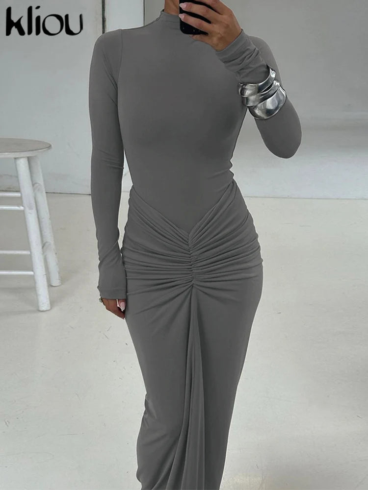 Kliou Shirring Women Classic Maxi Dress Autumn New Solid Long Sleeve High Collar Body-shaping Vestidos Mujer Concise Trend Robe