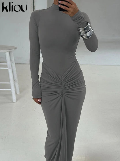 Kliou Shirring Women Classic Maxi Dress Autumn New Solid Long Sleeve High Collar Body-shaping Vestidos Mujer Concise Trend Robe