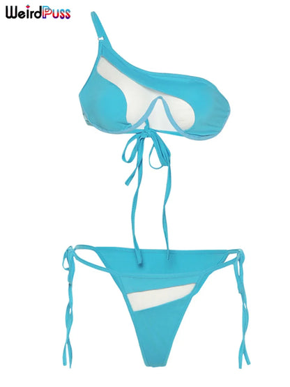 Weird Puss Beach Style Women Bikini 2 Piece Set Sexy Mesh Patchwork One Shoulder Bra Top+Bandage Briefs Vacation Trend Clubwear