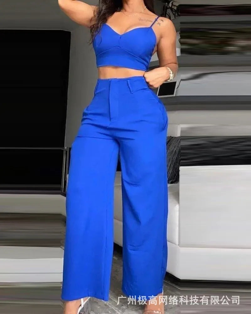 Summer Sexy 2 Piece Set Women V-Neck Strap Shirred Slim Crop Top & Lace-up Wide Leg Pants Sets Elegant Holiday Lady Suit