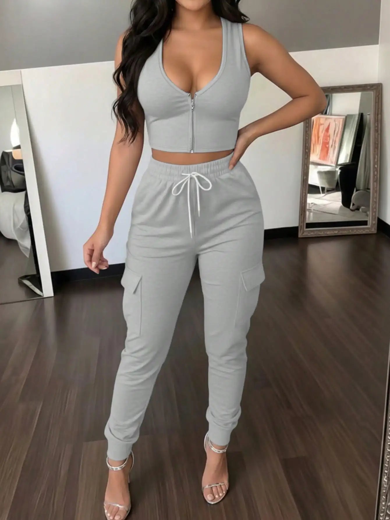 Women's 2-Piece Set: Sleeveless Zip Front Crop Top & Cargo Jogger Pants, Casual Summer Outfit