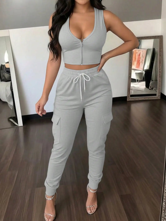 Women's 2-Piece Set: Sleeveless Zip Front Crop Top & Cargo Jogger Pants, Casual Summer Outfit